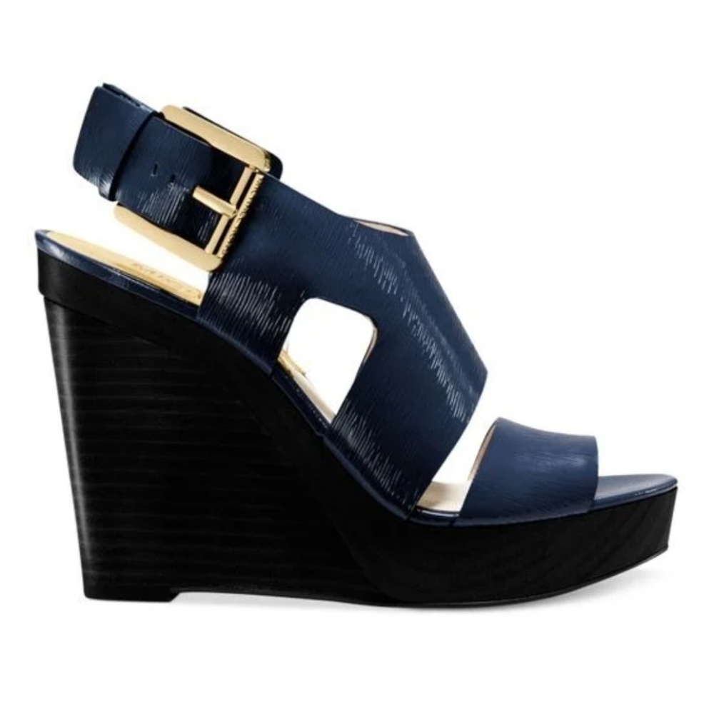 Michael Kors Navy and Black Leather Wedge Sandals with Gold Buckle